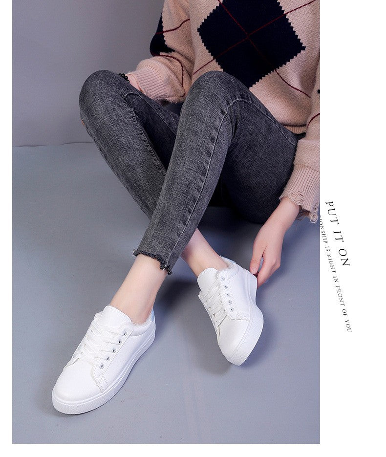 Tênis Feminino de Inverno, Quente, Pelúcia, Sola Vulcanizada, Plataforma, Algodão, Cadarço, Branco, Com Pelúcia, Casual