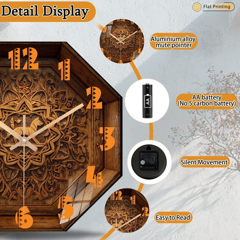 Attractive Premium Intricate Octagon Wooden Carved Deer Wall Clock for Office Farmhouse Valentine's Day Halloween Easter Gifts