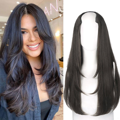 Peruca feminina com botão interno de peça única, cabelo encaracolado longo em camadas, aplique em V