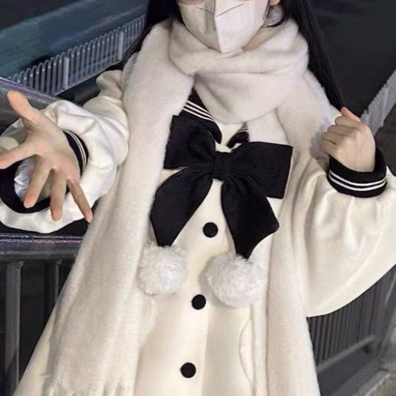 Japanese Sweet Bow Sailor Collar Black Tweed Coat Fashion All-match Jk Jackets for Women 2025 Autumn New Long Sleeve Tops Mujer