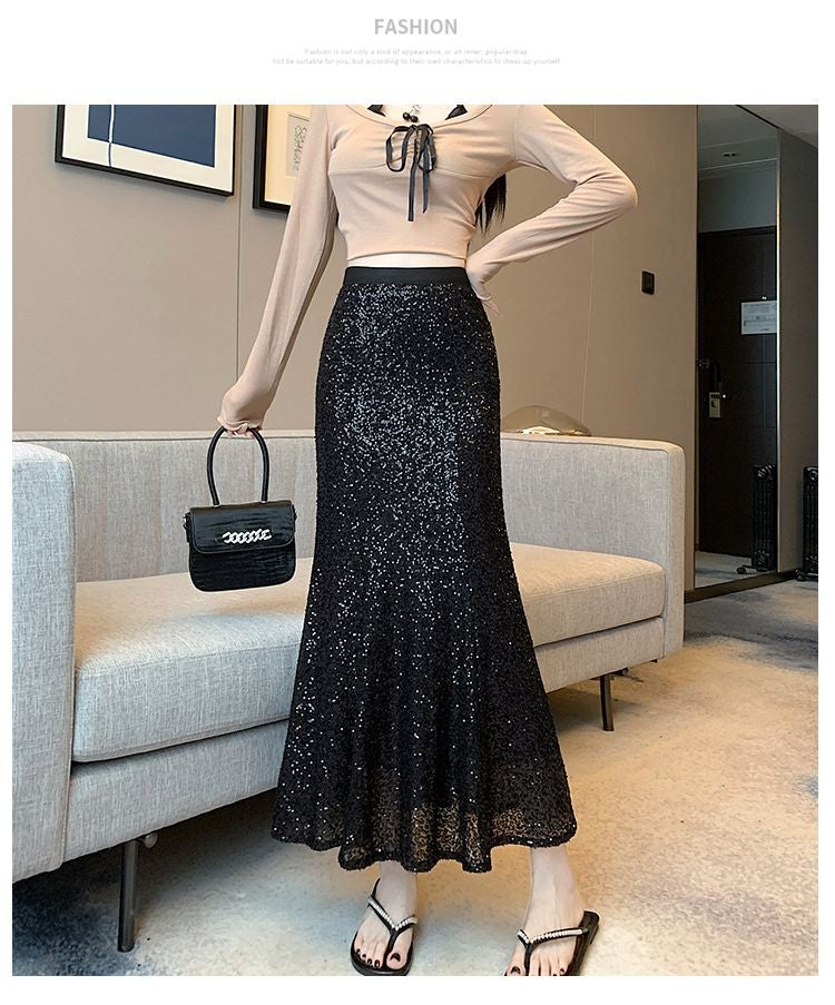 Elegant Sequined Long Black Skirts Women High Waist Party Club Faldas Largas Korean Fashion Y2k Clothes A Line Mid Length Skirt