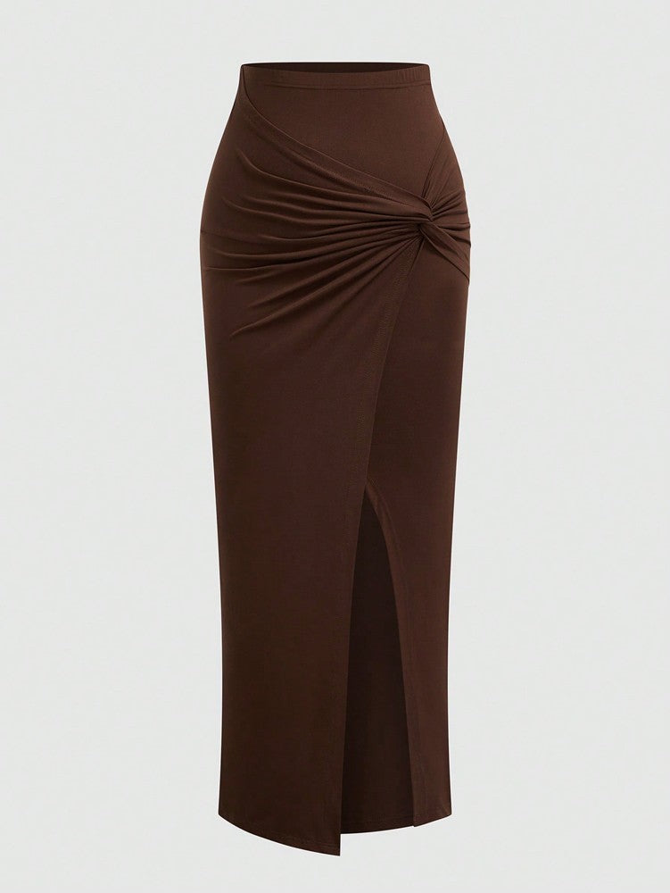 plus Size Elegant Halter Long Dress for Women Twisted Design Slit Skinny Casual Pure Color Holiday Mature Women's Fashion