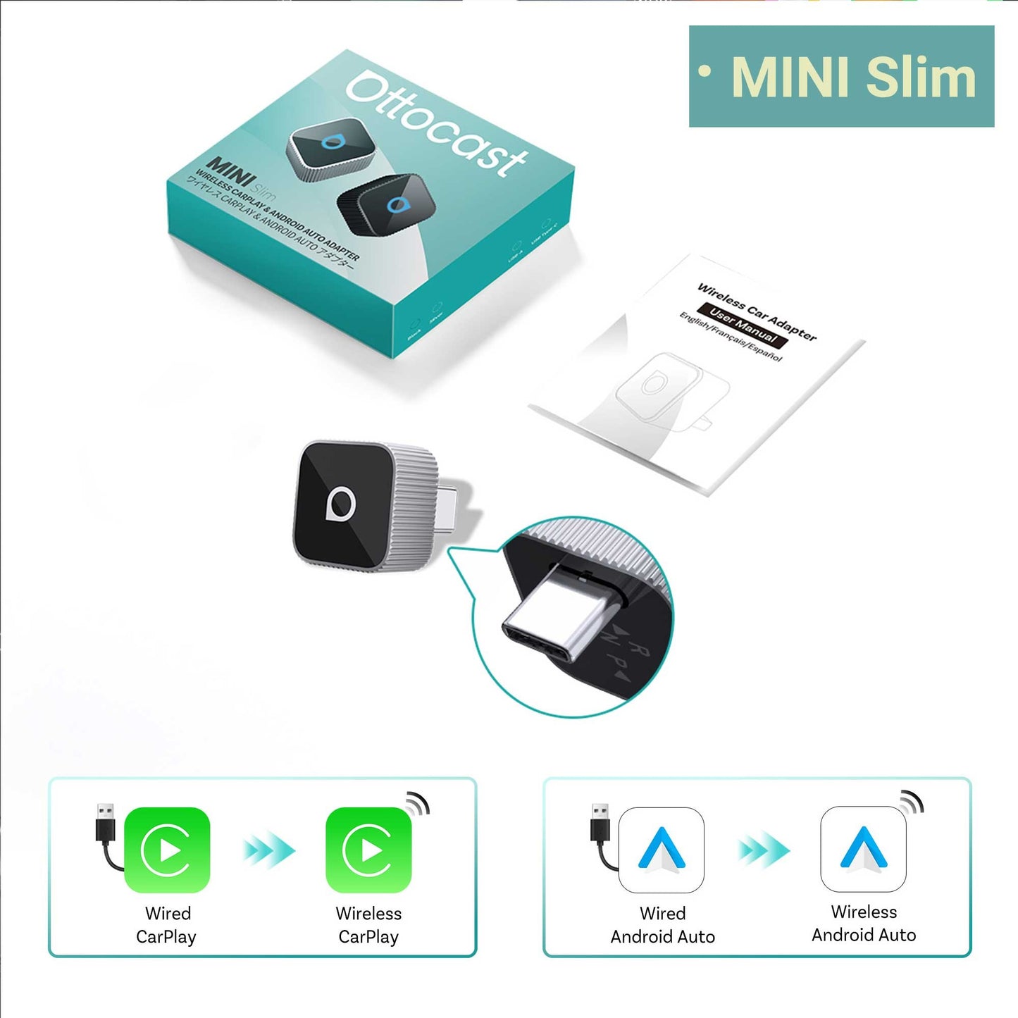 Adaptador OTTOCAST Mini Slim Cube sem fio para CarPlay e Android Auto, 2 em 1, USB, acessórios inteligentes para carro VW Haval Audi Kia Porsche Lexus