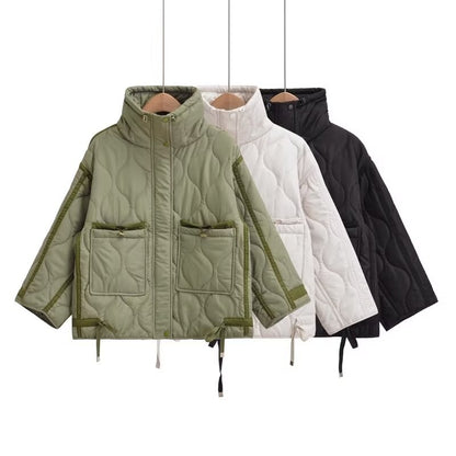 2024 autumn new women's fashion pocket decoration loose long sleeved stand collar diamond grid cotton jacket short jacket