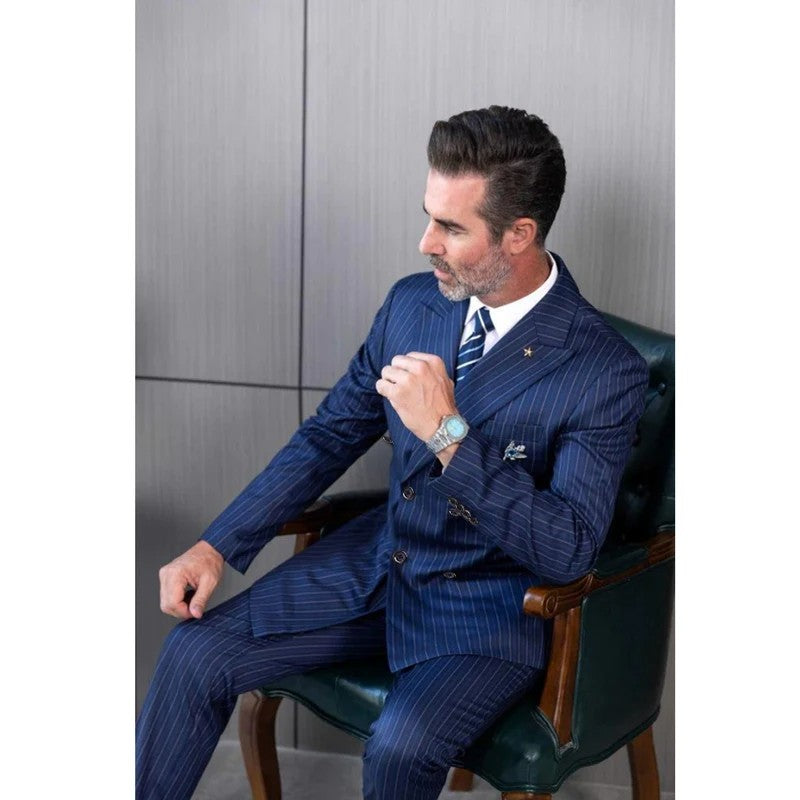 2 Piece Luxury Blue Double Breasted Men Suits Stripe Peak Lapel Flat Front  Jacket Pants Formal Office Business Work Full Sets