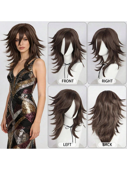 Synthetic Medium Length Fluffy Spiky Women Man Layered Straight Anime Cosplay Wig with Bangs for Halloween Party