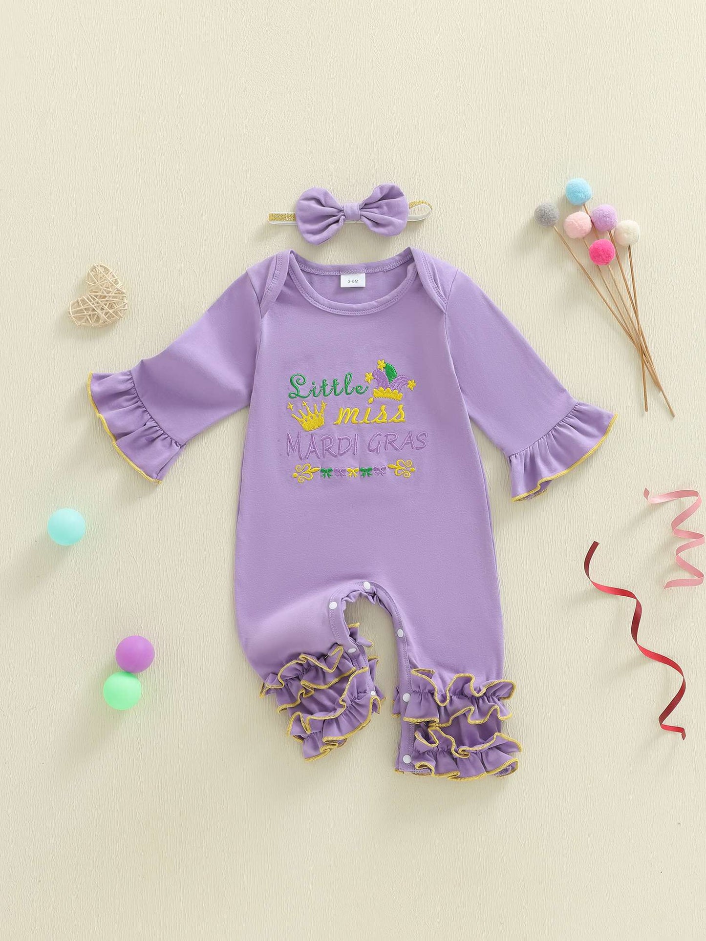 Suefunskry Baby Girl Mardi Gras Themed Romper Letter Crown Embroidery Long Sleeve Round Neck Jumpsuit with Bow Headband