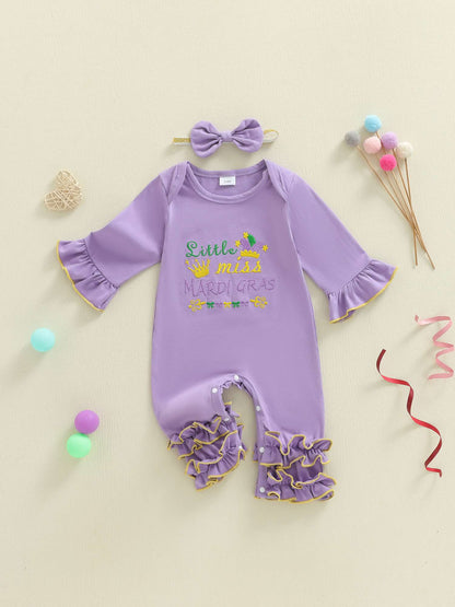Suefunskry Baby Girl Mardi Gras Themed Romper Letter Crown Embroidery Long Sleeve Round Neck Jumpsuit with Bow Headband