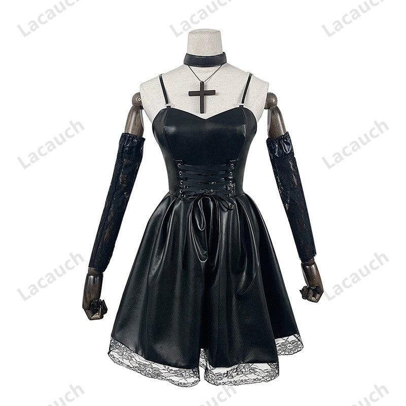 Death Note Cosplay Costume Misa Amane Imitation Leather Sexy Dress +Neck jewelry+stockings+necklace Uniform Outfit Halloween Wig