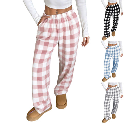 Women Pajama Pants Yoga Pants Elastic Waist Fuzzy Fleece Plaid Bottoms Soft Lounge Sleepwear With Pockets Plush Pajamas Pants