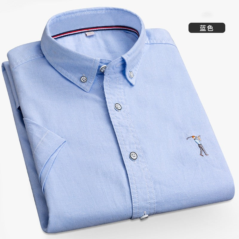 New Summer Short-sleeved Shirt Men's Solid Color Oxford Spinning Casual Embroidery Fashion Slim Shirt Short Men Drop Shipping