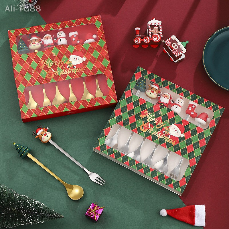 Stainless Steel Christmas Fork And Spoon Set with Gift Box for Coffee Tea Dessert Tableware