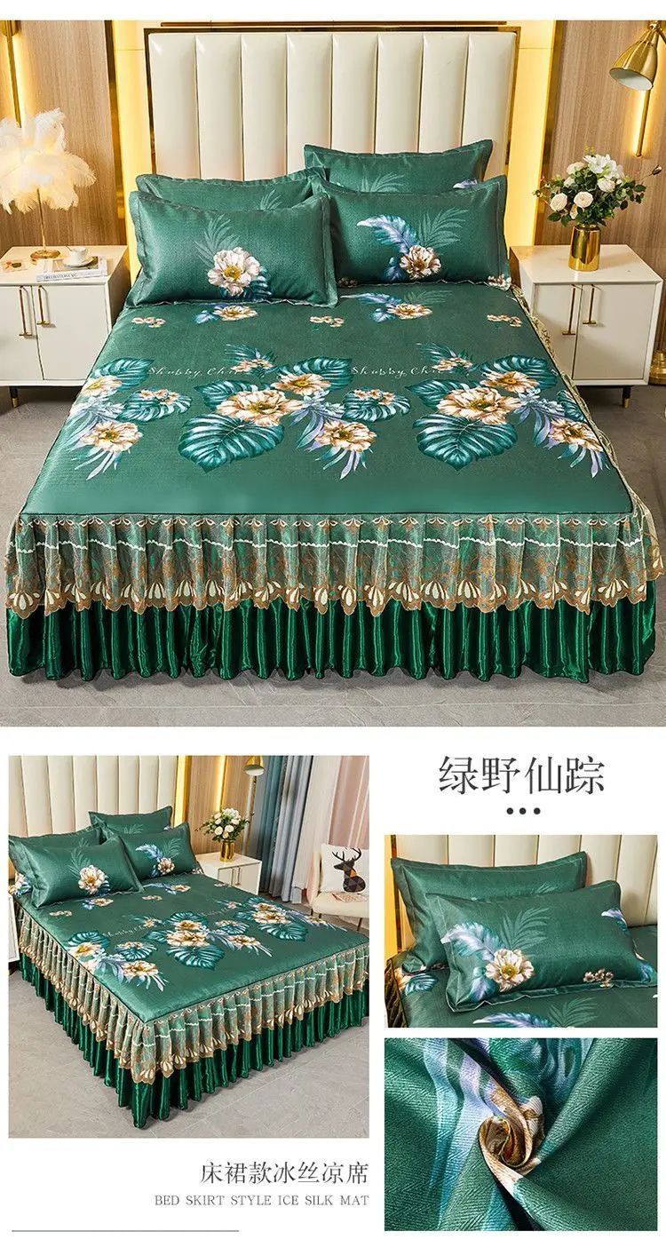 Kit 3 Peças de Lençol de Casal com Renda Clássica Azul Royal, Saia para Cama, Colcha de Casamento Lavável à Máquina, Capa de Colchão