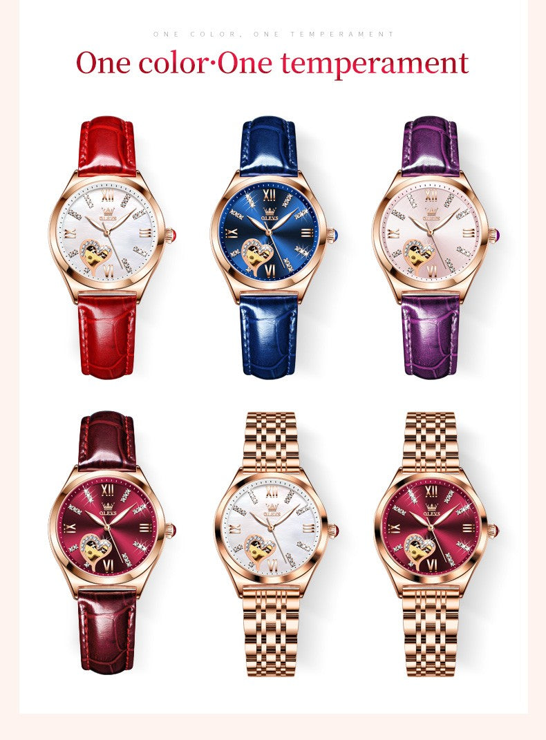 OLEVS 6636 Luxury Women Watch Fully Automatic Hollow Design Diamond Heart shaped Watch Elegant Mechanical Women Bracelet Watch