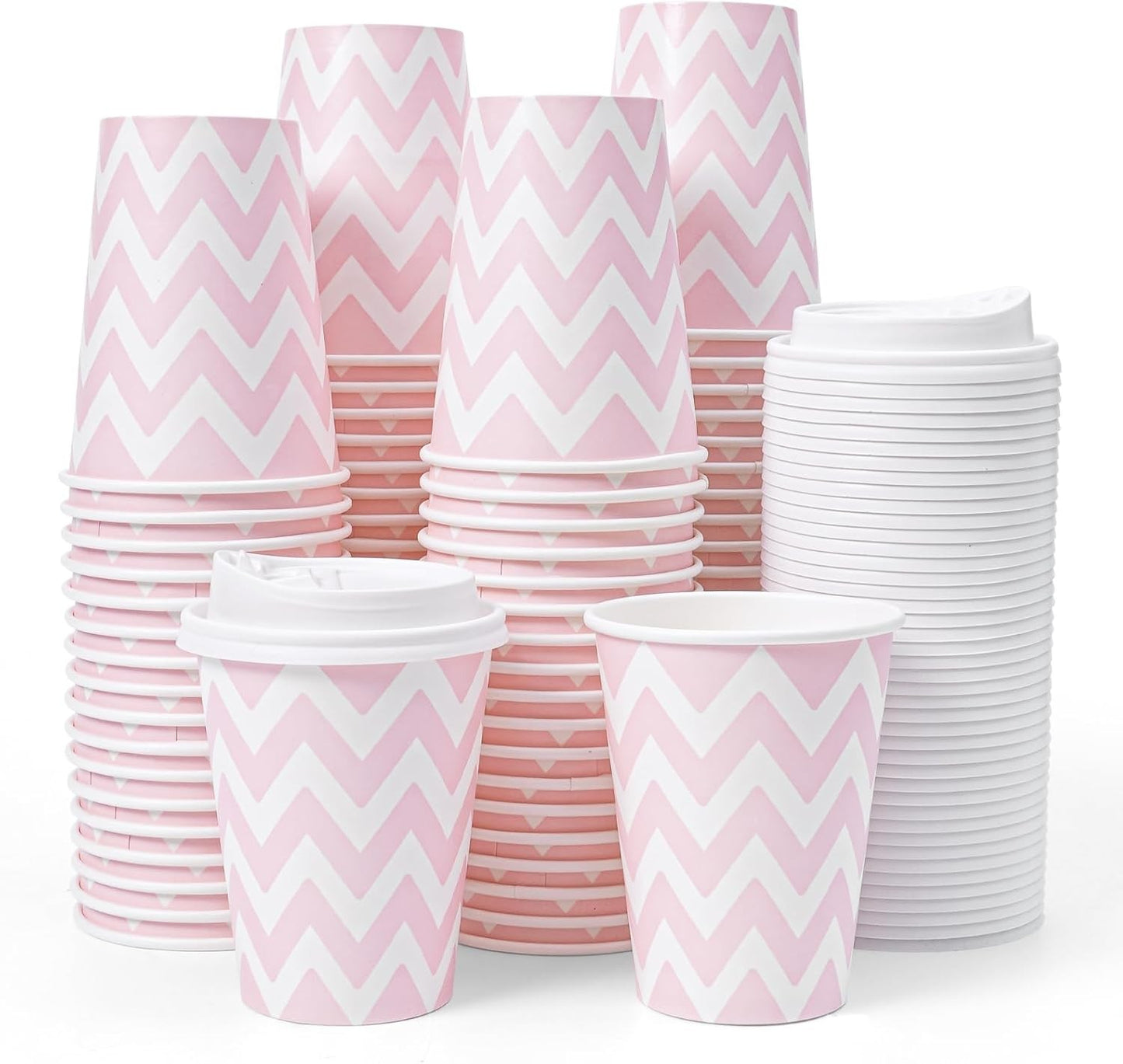 100 PACK 12OZ Disposable Coffee Cups with Lids, To Go Coffee Cups with Lids Leak Proof, Pink Paper Cups for Cold/Hot Bev