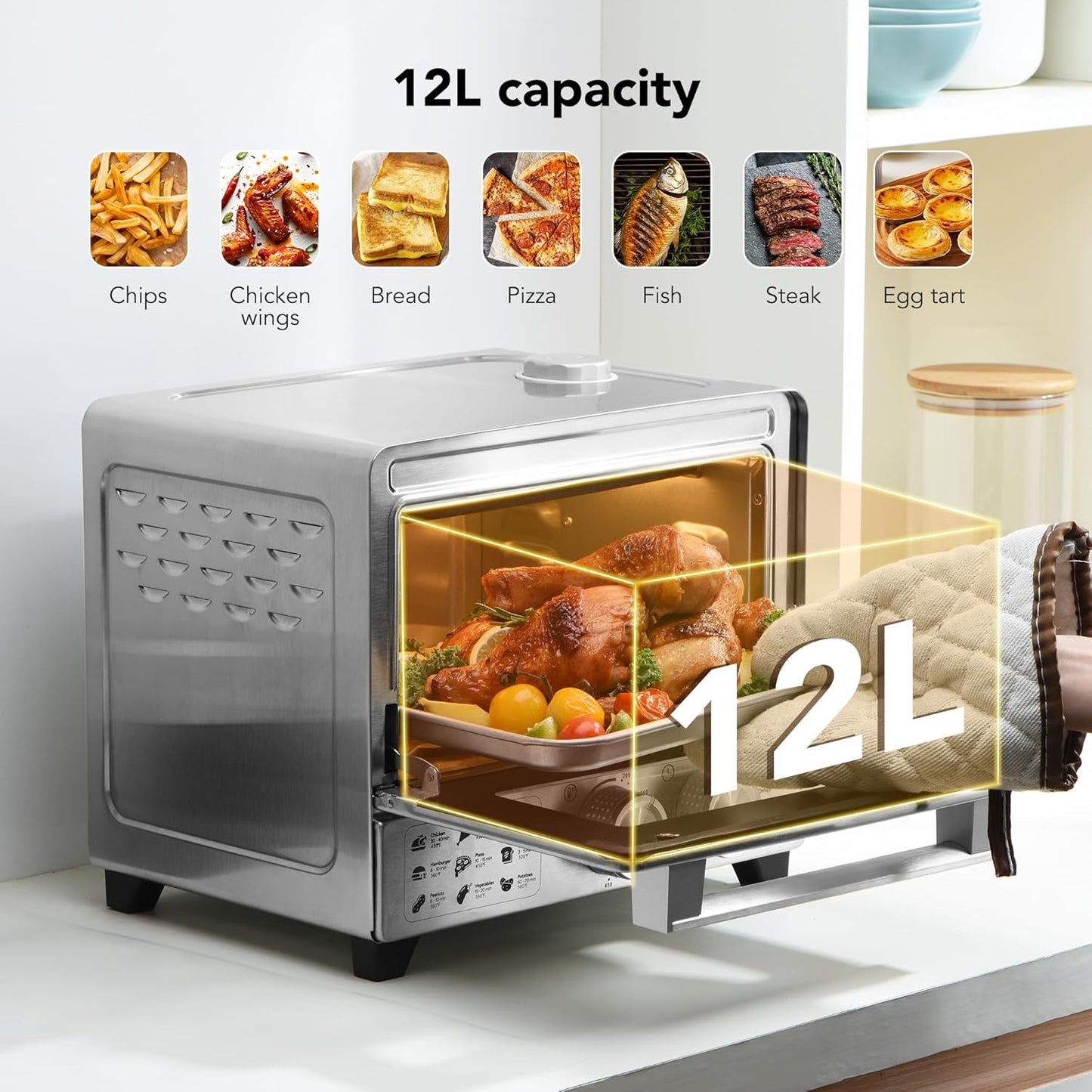 Forno Torradeira Fritadeira sem Óleo 6 em 1, Fritadeira sem Óleo de 12L com Infusão a Vapor, Forno Torradeira com Convecção e Cozimento a Vapor Suave com Pré-aquecimento Rápido,