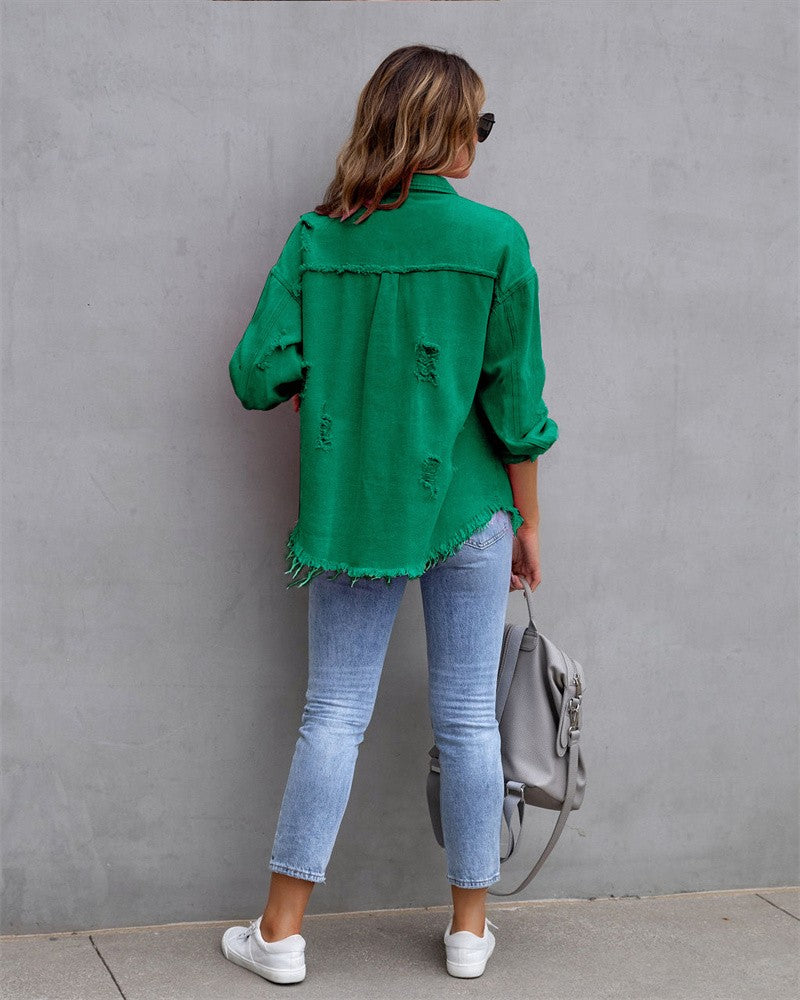 2025 Holes Raw-edges Denim Jacket Women Spring Autumn Shirt Style Jeancoat Casual Top Rose-Red Orange Purple Outerwear Lady Coat
