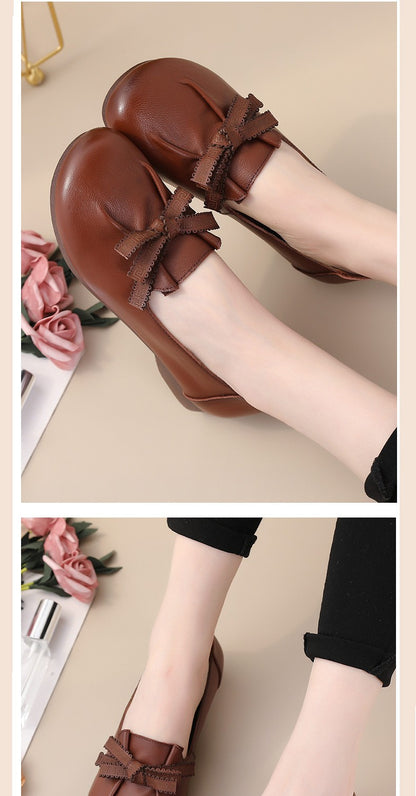 Vintage Plain Oxfords Shoes Women's Genuine Leather Flats Ladies Laced Up Moccasins Elderly Woman Square Toe Driving Loaferss