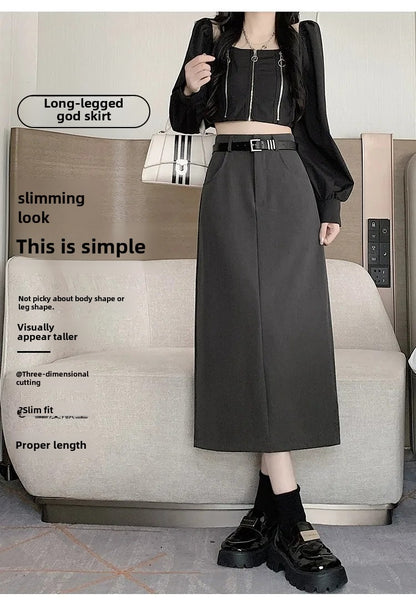 Grey High-waisted A- line Skirt Half Dress Petite Long Dress Autumn/winter For Women Side Slit Workwear