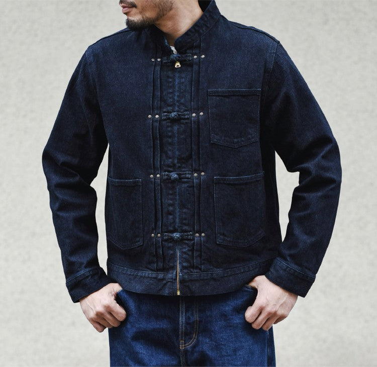 Sauce Zhan Mens Jacket Indigo Selvedge Denim Jacket Jean Jacket Men Vintage Chinese Style Knot Button Loose Fit