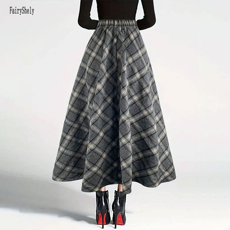 Fairyshely Casual Plaid Print Woolen Long Skirt Women 2025 Summer Ruffle High Waist Midi Skirt Lady Elegant A line Pleated Skirt