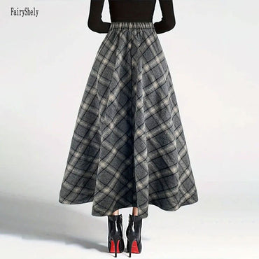 Fairyshely Casual Plaid Print Woolen Long Skirt Women 2025 Summer Ruffle High Waist Midi Skirt Lady Elegant A line Pleated Skirt