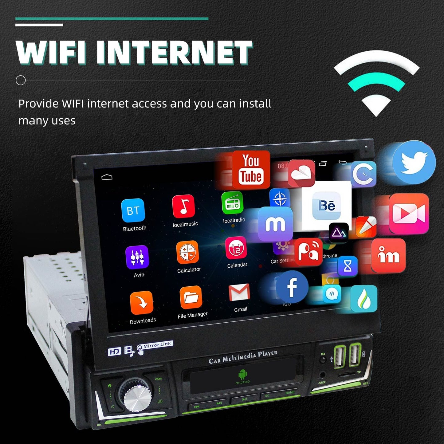 ESSGOO 1 DIN 7 Polegadas Flip Out Tela Touchscreen 4+64G Android 14 Rádio Estéreo Automotivo Apple Carplay GPS Navi Wifi FM RDS Bluetooth USB EQ