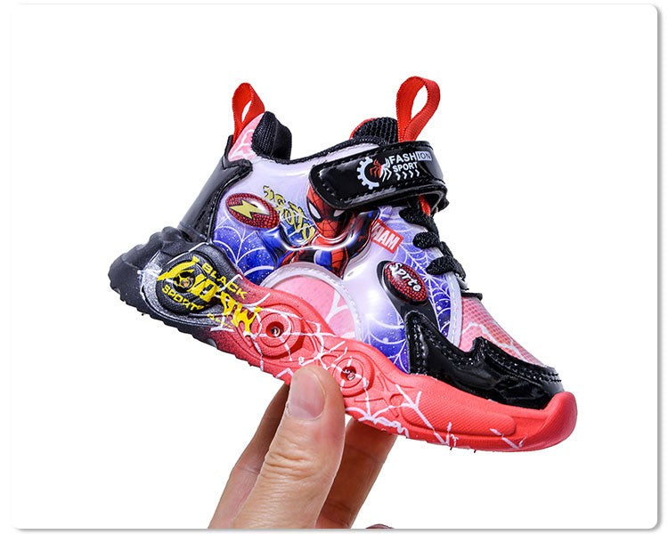 Boys Spiderman Sneakers Disney LED Children's Sport Shoes Fashion Anti-slip Kids Outdoor Shoes Student Design Pu Leather Shoes