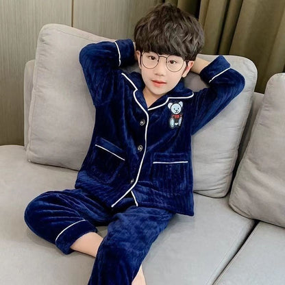 Boys Autumn Winter Thickened Flannel Coral Fleece Pajama Set Warm Kids Sleepwear Homewear
