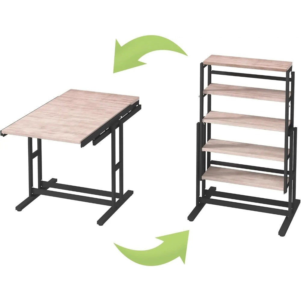 2-in-1 Shelf To Table Compact Furniture, Extendable Dining Table With Metal Frame, Convertible Kitchen Table For 4-6, 55inch