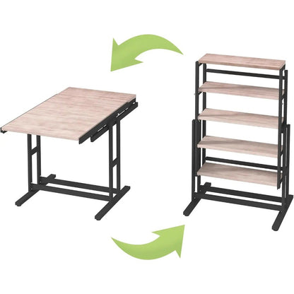 2-in-1 Shelf To Table Compact Furniture, Extendable Dining Table With Metal Frame, Convertible Kitchen Table For 4-6, 55inch