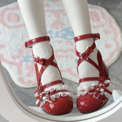 Sapatos de salto alto Lolita vermelhos, sapatos de salto grosso de renda para primavera e outono, sapatos de couro envernizado Mary Jane para mulheres