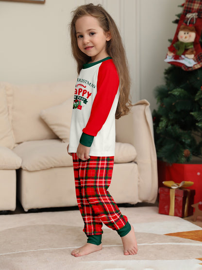 Christmas Kids Pajamas Set  "Merry Christmas Happy New Year" Print Raglan Sleeve Red White Green & Red Plaid Pants Sleepwear