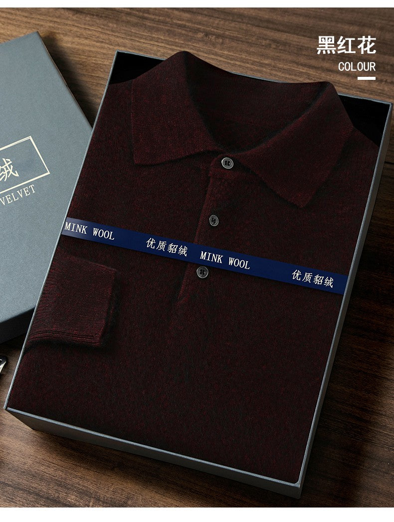 Autumn And Winter New Mink Cashmere Sweater Men's POLO Collar Thickened Loose Lapel Cashmere Long Sleeve Knit Bottoming Shirt