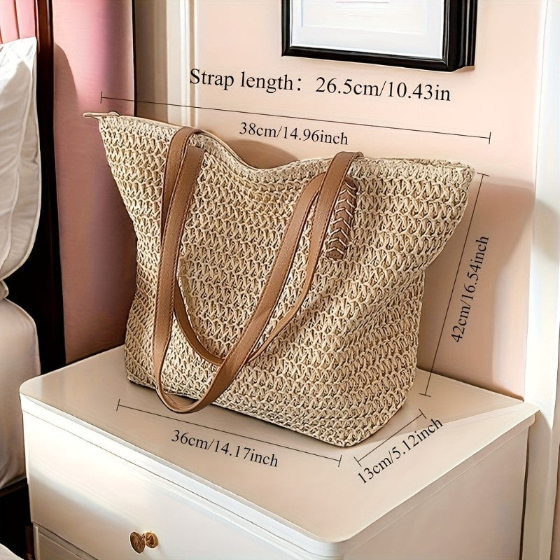 Fashionable and Versatile Women's Woven Bag with Zipper for Travel, Large Capacity Beach Bag, Handbag