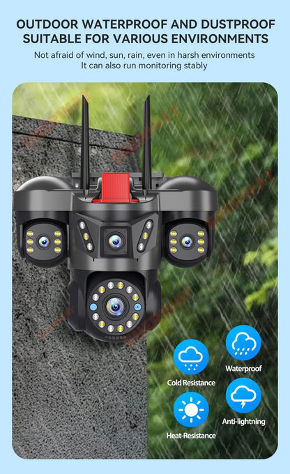 10K 20MP UHD Outdoor WiFi IP Camera Four Len Four Screen 360° 16X Zoom PTZ Security Cam Auto Tracking CCTV Wireless Surveillance