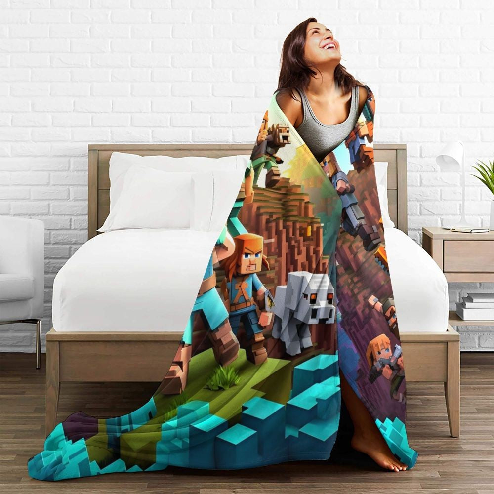 Cartoon Mines Pixel Game Crafts Flannel Blanket Super Warm Throw Blanket for Home Decor Decorative Street Trend Bedspread