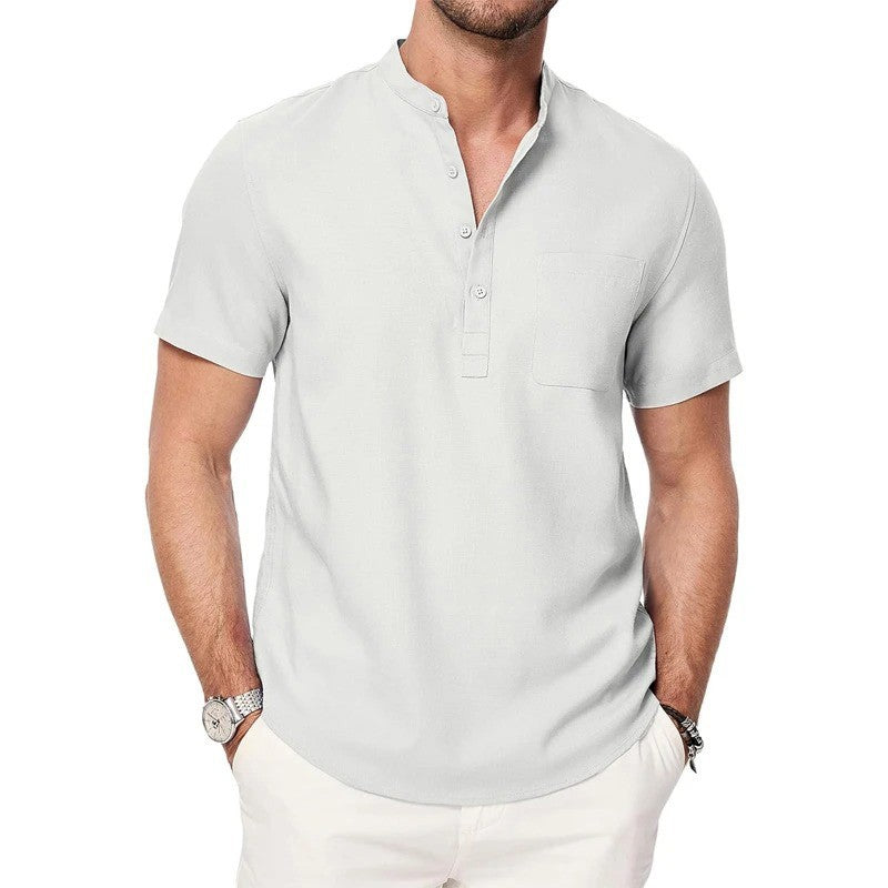 Men's Henley Neck T-shirt Cotton Linen Button Pocket  Tees Casual Short Sleeve Vacation Beach Style Solid Color Lightweight Tops