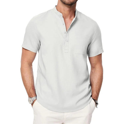 Men's Henley Neck T-shirt Cotton Linen Button Pocket  Tees Casual Short Sleeve Vacation Beach Style Solid Color Lightweight Tops