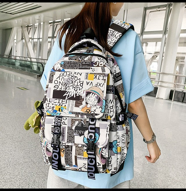 Anime Male and Female High-capacity One Piece Luffy Graffiti Printed Backpack for Middle High Students School Bag