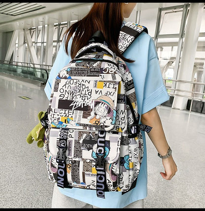 Anime Male and Female High-capacity One Piece Luffy Graffiti Printed Backpack for Middle High Students School Bag