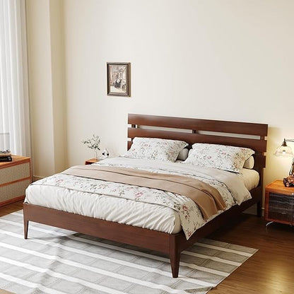 Wood Queen Bed Frame with Headboard, Mid-Century Modern Solid Wood Platform Bed with Solid Wood Legs & Wooden Slat Support, Stur