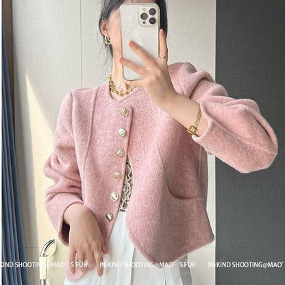 Women's New Round Neck Single-breasted Double-sided Tweed Coat Fashionable Casual and Versatile Elegant Top
