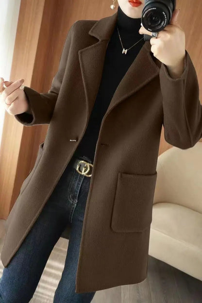 Ladies' Fashionable Woolen Coat Autumn Winter High End Medium Length Leisure Style Woolen Outerwear Pure Color Full Sleeve