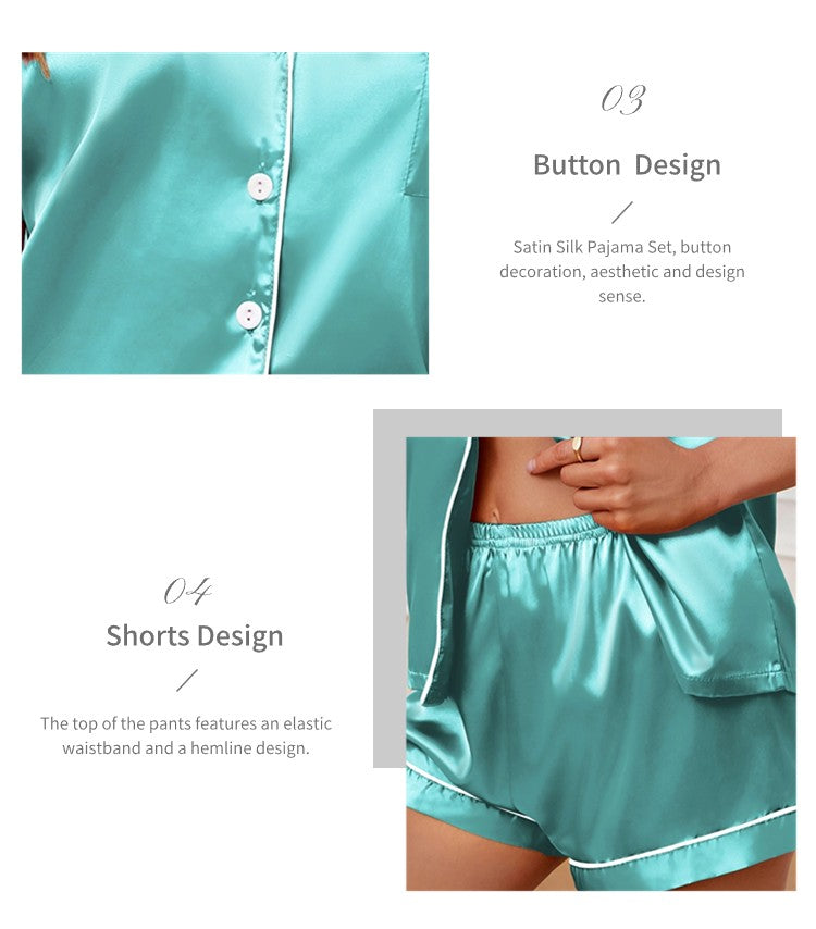Luxurious Satin Pajama For Women Turn-down Collar Button Top & Shorts Sleepwear & Loungewear for Summer Home Clothes Suit