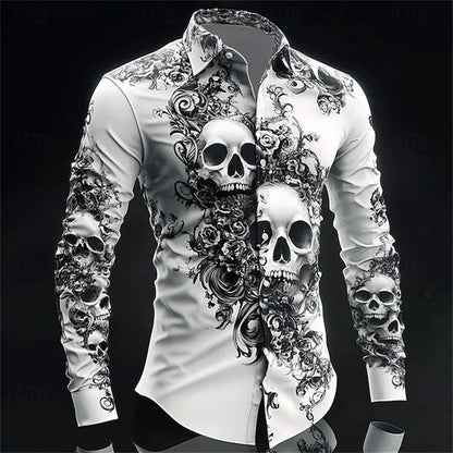 Men's Skull Day of the Dead Rose Shirt Casual Formal Button Shirt Long Sleeve Dark Punk Gothic Style Holiday Lapel Shirt White