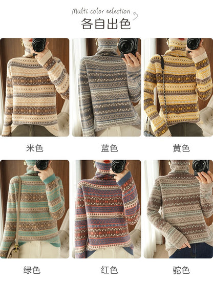Autumn and Winter New 100% Wool Cashmere Sweater Women's High Neck Pullover Casual Knitted Loose Korean Fashion Color Block Top