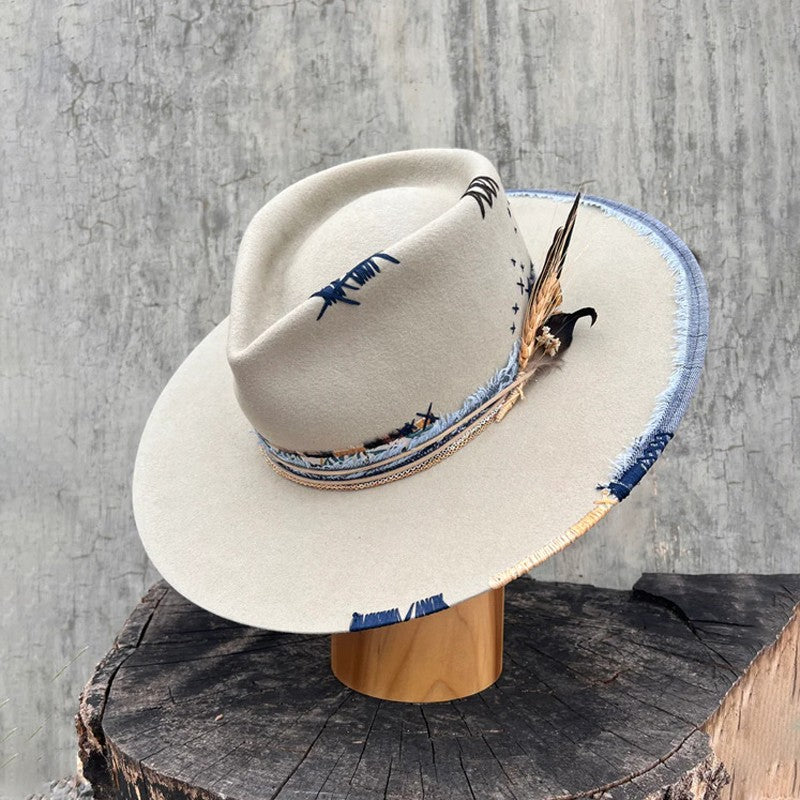 Western Style 100% Wool Fedora Hat | Braided Ribbon & Feather Trim Felted Jazz Cap for Autumn/Winter?