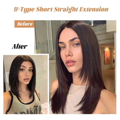 Peruca sintética longa lisa em U, para mulheres, com presilhas, peruca falsa natural para extensão de cabelo, perucas para o dia a dia