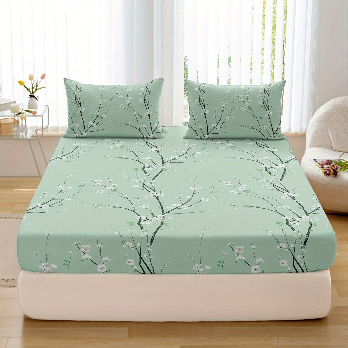 Conjunto de Lençol com Elástico Estampado 3 Peças (1 Lençol com Elástico + 2 Fronhas, Sem Enchimento)